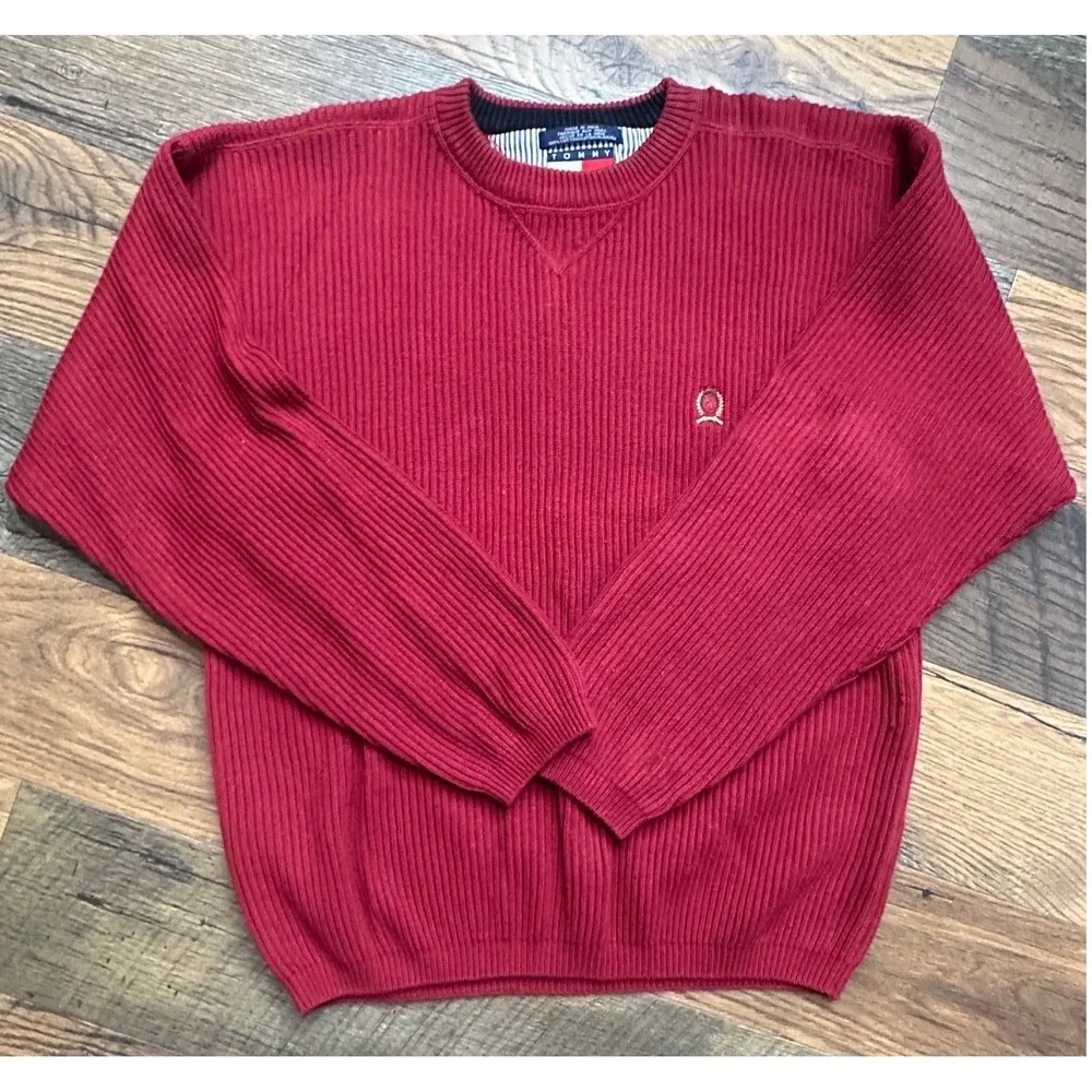 Vintage Y2K Tommy Hilfiger Sweater Mens M Red Ribbed Knit Crest‎ Logo Cotton